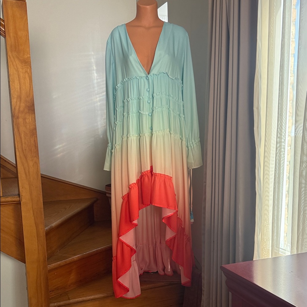 Mazik Long Sleeve Ombre Dress - Blue, White, Coral